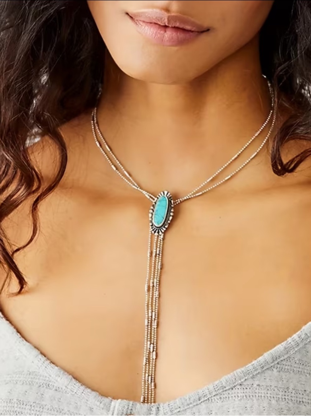 Turquoise & Silver Boho Southwest Multi-Strand Lariat Necklace